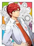  bad_id bad_pixiv_id blush earrings flower gekkan_shoujo_nozaki-kun hand_on_hip ichinose777 jewelry male_focus mikoshiba_mikoto red_eyes red_hair solo 