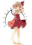  1girl absurdres alternate_eye_color ascot bare_legs barefoot blonde_hair blush commentary crystal crystal_wings fang fang_out flandre_scarlet frilled_hat frilled_ribbon frilled_sleeves frilled_wristband frills full_body hair_tie hair_tie_in_mouth hat hat_ribbon highres looking_at_viewer mob_cap mouth_hold one_side_up petticoat pointy_ears puffy_short_sleeves puffy_sleeves red_ribbon red_skirt red_vest ribbon seika_okawari shirt shirt_tucked_in short_sleeves skirt skirt_set smile solo toenails toes touhou tying_hair vest white_hat white_shirt wings yellow_ascot yellow_eyes 