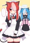 >_< ... 2girls :d alternate_costume animal_ears apron black_dress black_gloves black_thighhighs blue_hair blunt_bangs blush cat_ears cat_girl closed_eyes closed_mouth commentary_request cowboy_shot dress electric_plug electric_plug_tail enmaided fingerless_gloves gloves hair_over_one_eye hand_up hibino_000 highres juliet_sleeves long_hair long_sleeves maid multiple_girls nekotuka_b nekotuka_r open_mouth puffy_sleeves red_eyes red_hair short_dress smile spoken_ellipsis sweat tail thighhighs translation_request voicevox white_apron xd zettai_ryouiki 