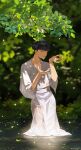  1boy 8083_blue black_hair blunt_bangs blurry blurry_background branch closed_eyes collarbone highres hoshina_soshiro japanese_clothes kaijuu_no._8 kimono long_sleeves male_focus outdoors pond ripples short_hair sideburns solo wading wet wet_clothes wet_kimono white_kimono 