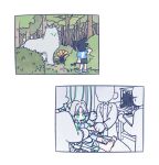  105zz aged_down animalization bandaged_leg bandages barefoot black_hair black_shorts blue_shirt border cage clipboard dog final_fantasy final_fantasy_vii final_fantasy_vii_ever_crisis forest green_eyes grey_hair holding holding_clipboard holding_stick hospital_gown in_cage intravenous_drip lab_coat male_focus multiple_boys nature scientist sephiroth sephiroth_(ever_crisis) shirt shoes shorts sitting slit_pupils sneakers stick white_border wolf zack_fair 