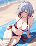  bare_shoulders beach beach_towel bikini black_boots blue_eyes blush boots breasts hair_ornament hairclip honkai:_star_rail honkai_(series) large_breasts looking_at_viewer multicolored_hair red_hair shadowarts short_hair signature swimsuit topaz_(honkai:_star_rail) towel water white_hair 