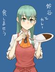  apron ascot blue_background curry curry_rice food green_eyes green_hair hair_ornament hairclip kantai_collection long_hair looking_at_viewer rice sleeves_rolled_up smile solo spoon suzumura_kirie suzuya_(kantai_collection) translation_request 