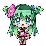  1girl apron bag blue_eyes brown_jacket chibi cw_hituzi dress emil_chronicle_online green_hair jacket long_hair open_mouth pink_apron pink_socks shabotan_alma shoulder_bag socks solo striped_clothes striped_socks twitter_username two_side_up watermark white_background white_dress white_socks 