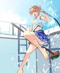  ajishio barefoot brown_eyes cleaning_brush empty_pool hose hoshizora_rin love_live! love_live!_school_idol_project navel open_mouth orange_hair otonokizaka_school_uniform petticoat pleated_skirt pool pool_ladder school_uniform shirt short_hair skirt slip_showing smile solo tied_shirt water wet 