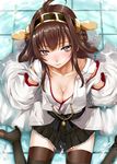  ahoge black_skirt blush boots breasts brown_hair cleavage detached_sleeves from_above hairband headgear japanese_clothes kantai_collection kongou_(kantai_collection) long_hair looking_at_viewer medium_breasts purple_eyes simon_(n.s_craft) sitting skirt solo thigh_boots thighhighs wariza 