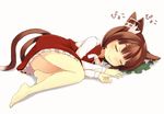  1girl :3 animal_ears barefoot blush brown_hair cat_ears cat_tail chen full_body hat hat_removed headwear_removed jewelry multiple_tails nekomata panties short_hair simple_background single_earring sleeping smile solo tail touhou underwear white_background white_panties 