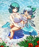  :d barefoot blue_eyes blue_hair bow bracelet breasts caustics cirno cleavage flower hair_bow head_fins hibiscus highres holding inflatable_dolphin inflatable_toy jewelry large_breasts mermaid monster_girl multiple_girls navel open_mouth outstretched_arm outstretched_hand sarong short_hair smile touhou umigarasu_(kitsune1963) wading wakasagihime water wet wings 