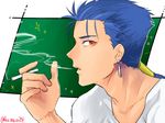  blue_hair bufm cigarette earrings fate/stay_night fate_(series) jewelry lancer long_hair male_focus ponytail profile red_eyes solo 