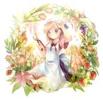  apron arm_up bad_id bad_pixiv_id blonde_hair blue_eyes bow daffodil flower food fruit garden gardening grapes hair_ornament hairclip head_scarf looking_at_viewer ninjinshiru original shears short_hair smile solo strawberry tulip 