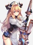  1girl armor bangs blonde_hair blue_eyes blush breasts chains cleavage draph dress gloves granblue_fantasy hat highres holding holding_spear holding_weapon horns large_breasts long_hair looking_at_viewer pointy_ears polearm rastina simple_background solo spear thighhighs very_long_hair weapon ym_(distance819) 