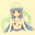  blue_eyes blue_hair blush dress eyelashes happinesscharge_precure! long_hair looking_at_viewer open_mouth precure ribbon shirayuki_hime solo standing watayuki white_dress yellow_background 