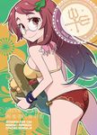  ass bikini brown_eyes brown_hair futatsuiwa_mamizou futatsuiwa_mamizou_(human) glasses hat inuinui leaf long_hair sun_hat swimsuit touhou 