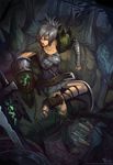  alternate_costume asymmetrical_clothes bandages belt blood bloody_clothes breasts corset folded_ponytail gauntlets huge_weapon large_breasts league_of_legends leg_warmers lips monster neo-tk.. nose pauldrons riven_(league_of_legends) sandals sarashi short_hair silver_hair solo spikes sword weapon 