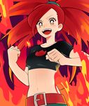  asuna_(pokemon) belt blush bright_pupils clenched_hands crop_top denim fire jeans long_hair midriff navel open_mouth orange_eyes pants pokemon pokemon_(game) pokemon_rse ponytail red red_hair short_sleeves smile solo ucchii 