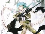  bird blue_eyes blue_hair fingerless_gloves gloves gun long_hair marumoru rifle scarf sinon sniper_rifle solo sword_art_online weapon 