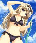  aoi_akua bikini black_bikini blonde_hair blue_eyes blush breasts cloud day hair_ribbon kusugawa_sasara large_breasts long_hair looking_at_viewer navel polka_dot polka_dot_bikini polka_dot_swimsuit ribbon sky solo stomach swimsuit to_heart_2 