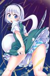  ass black_hairband blue_eyes cameltoe from_behind hairband katana konpaku_youmu konpaku_youmu_(ghost) looking_back open_mouth panties petticoat short_hair silver_hair skirt skirt_set solo striped striped_panties sword t.o.d touhou underwear weapon wind wind_lift 