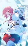  1girl absurdres black_jacket blue_eyes blush feet_out_of_frame half-closed_eyes happy highres holding holding_snowball hood hood_down hooded_jacket jacket kaf_(kamitsubaki_studio) kamitsubaki_studio kneehighs long_sleeves memori_(egachachachan) multicolored_eyes multicolored_jacket open_mouth pantyhose pink_hair red_eyes red_pantyhose sky smile snow snowball socks solo virtual_youtuber white_jacket yellow_pupils 
