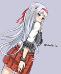  blush brown_hair from_behind headband japanese_clothes kantai_collection long_hair looking_at_viewer looking_back muneate pleated_skirt rabochicken red_skirt shoukaku_(kantai_collection) silver_hair skirt solo twitter_username 