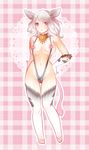  2014 animal_ears animal_tail areola bikini blush bovine breasts checkered_background clothed clothing female hair human hybrid jewelry long_hair looking_at_viewer mammal nipples sling_bikini solo standing swimsuit white_hair きいち 