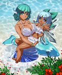  blue_eyes blue_hair bow bracelet breasts cirno flower hair_bow head_fins highres holding jewelry large_breasts mermaid monster_girl multiple_girls open_mouth outstretched_arm outstretched_hand short_hair smile tan touhou umigarasu_(kitsune1963) wakasagihime wings 