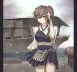  aa_gun aircraft_carrier blouse bollard brown_hair cherry_blossoms fiction_(forged) japanese_clothes kaga_(aircraft_carrier) kaga_(kantai_collection) kantai_collection md5_mismatch military military_vehicle muneate petals ship shipyard short_hair side_ponytail skirt smile solo warship water watercraft 