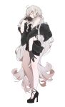  1girl \||/ absurdres ahoge alternate_costume back_cutout bare_arms bare_legs black_choker black_dress black_gloves black_shawl black_shoes breasts choker closed_mouth clothing_cutout contrapposto dress earrings eyewear_strap fate/grand_order fate_(series) flipped_hair from_side full_body fur_scarf fur_shawl gloves gradient_hair hair_between_eyes high_heels highres jeanne_d&#039;arc_alter_(fate) jewelry knees_apart_feet_together lace-trimmed_gloves lace_trim long_hair looking_at_viewer medium_breasts messy_hair microdress multicolored_hair platform_heels profile ri_o_ne_su ring round_eyewear shawl shoes simple_background solo strapless strapless_dress tube_dress very_long_hair white_background white_hair yellow_eyes 