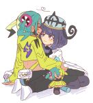  2girls bad_id bad_pixiv_id black_dress black_hair blonde_hair blue_gloves blue_hair blush canari_(pokemon) canari_plush_(pokemon) character_doll closed_eyes closed_mouth coat cropped_jacket dark-skinned_female dark_skin doll dress gloves gwynn_(pokemon) han0579 heart highres long_hair looking_at_another multicolored_hair multiple_girls open_clothes open_coat open_mouth pantyhose partially_fingerless_gloves pokemon pokemon_legends:_z-a purple_eyes seiza short_hair sitting split-color_hair twintails two-tone_hair very_long_hair white_background white_coat yuri 