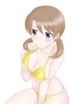  1girl bare_shoulders bikini blush breasts brown_hair cleavage embarrassed low_twintails mahouka_koukou_no_rettousei midriff mitsui_honoka purple_eyes short_hair swimsuit twintails 