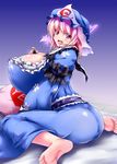  ass barefoot between_breasts bottle breasts cleavage covered_nipples dautsen feet gigantic_breasts hat japanese_clothes pink_eyes pink_hair saigyouji_yuyuko sexually_suggestive short_hair smile soda_bottle soles solo toes touhou triangular_headpiece yes yes-no_pillow 