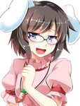  :d animal_ears bespectacled blue_eyes blush brown_hair bunny_ears carrot_necklace come_hither dress e.o. glasses highres inaba_tewi jewelry jitome open_mouth pendant pink_dress short_hair simple_background smile solo touhou white_background 