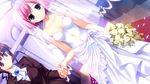  blue_eyes bouquet brown_eyes brown_hair church collarbone dress dutch_angle flower fumio_(ura_fmo) game_cg glasses grisaia_(series) grisaia_no_kajitsu grisaia_no_meikyuu highres holding_hands komine_sachi multiple_girls petals pink_hair rose short_hair smile tachibana_chizuru_(grisaia) veil wedding_dress yellow_flower yellow_rose 