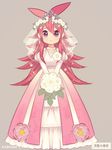  artist_name bouquet breasts bridal_veil bride collarbone corsage dress earrings flaky flipped_hair flower full_body gradient hair_between_eyes happy_tree_friends holding holding_bouquet jewelry juliet_sleeves kab00m_chuck long_dress long_hair long_sleeves looking_at_viewer necklace personification pink_dress pink_flower puff_and_slash_sleeves puffy_sleeves purple_eyes red_eyes red_hair see-through simple_background smile solo sparkle standing tiara translation_request v_arms veil very_long_hair wedding_dress 