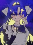  1girl adjusting_hair aisu_(ahono_ice) apron black_dress blending blonde_hair blue_background blue_eyes blue_hair colored_inner_hair dress frilled_apron frills grin hair_intakes hair_ornament hands_up highres long_hair looking_at_viewer multicolored_hair reverse:1999 smile solo star_(sky) star_(symbol) star_hair_ornament starry_sky_background upper_body very_long_hair voyager_(reverse:1999) white_apron 