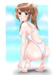  ass barefoot brown_eyes brown_hair competition_swimsuit highleg highleg_swimsuit long_hair mashinatsu one-piece_swimsuit original ponytail solo squatting swimsuit 