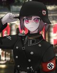  1girl armband armor artist_name black_shirt brown_hair collared_shirt gloves hair_between_eyes helmet highres koalakanru long_sleeves military_uniform nazi original pauldrons ponytail red_armband red_eyes reichsadler shirt short_hair shoulder_armor siegrunen single_pauldron solo ss_insignia swastika waffen-ss white_gloves 