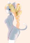  2014 blonde_hair blue_eyes breasts cat eyelashes feline female hair legwear long_hair looking_at_viewer mammal nude plain_background solo standing stockings きいち 