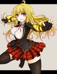  1girl blonde_hair blush breasts female fingerless_gloves gloves long_hair naokideth open_mouth purple_eyes rwby school_uniform shoes skirt smile solo thighhighs yang_xiao_long 