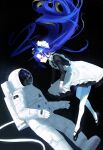  1girl 1other apron astronaut black_dress black_shoes blue_eyes blue_hair colored_inner_hair dress facing_another floating_hair frilled_apron frills from_side full_body glint hair_floating_upwards hair_intakes hair_ornament helmet highres juliet_sleeves long_hair long_sleeves looking_at_another making-of_available mary_janes multicolored_hair pantyhose profile puffy_sleeves reflection reverse:1999 school_uniform shoes short_dress soviet_school_uniform space space_helmet spacesuit star_(sky) star_(symbol) star_hair_ornament starry_sky_background upmocks very_long_hair voyager_(reverse:1999) white_apron white_pantyhose zero_gravity 