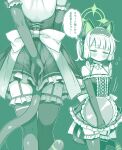  1girl alternate_costume animal_ear_headphones animal_ears back bare_shoulders blue_archive blush breasts cat_ear_headphones cat_ears cat_tail cleavage commentary_request covering_ass covering_privates cross-laced_clothes cross-laced_dress dress dress_tug enmaided fake_animal_ears fake_tail frilled_dress frilled_thighhighs frills garter_straps green_theme headphones highres holding holding_tray low-tied_sidelocks maid microdress midori_(blue_archive) monochrome multiple_views pleated_dress raised_inner_eyebrows short_hair shoulder_blades sidelocks simple_background sleeveless sleeveless_dress small_breasts tail takahero thighhighs tray 