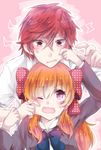  1girl blazer bow cheek_pinching cheek_pull gekkan_shoujo_nozaki-kun hair_bow jacket mikoshiba_mikoto open_mouth orange_hair pinching polka_dot polka_dot_bow purimo_(xxxmofmof) purple_eyes red_eyes red_hair rouman_academy_uniform sakura_chiyo school_uniform wavy_mouth 