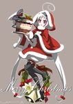  absurdly_long_hair cake food french-bread full_body fur_trim highres hood hoodie long_hair merkava_(under_night_in-birth) merry_christmas official_art santa_costume solo under_night_in-birth vatista very_long_hair yoshihara_seiichi 