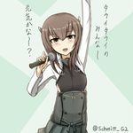 anchor arm_up blush brown_eyes brown_hair hair_between_eyes kantai_collection long_sleeves looking_at_viewer microphone open_mouth rabochicken short_hair solo taihou_(kantai_collection) translated twitter_username upper_body 