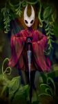 2025 2_horns ambiguous_gender arthropod biped black_body black_eyes cloak clothing holding_melee_weapon holding_object holding_weapon hollow_knight_(franchise) horn hornet_(hollow_knight) leaf melee_weapon plant red_cloak red_clothing sadjackson solo standing team_cherry weapon