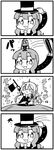 4koma :3 :d bkub bow bowtie cane chibi comic commentary futaba_anzu gloves greyscale hair_ornament hat hat_removed headwear_removed idolmaster idolmaster_cinderella_girls long_hair monochrome moroboshi_kirari multiple_girls multiple_tails open_mouth short_hair smile star star_hair_ornament tail top_hat tuxedo under_clothes 