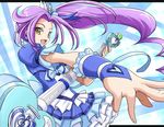  ahoge blue_dress cure_beat dress earrings eyelashes guitar hair_ornament happy heart heart_hair_ornament instrument jewelry kurokawa_eren long_hair looking_at_viewer love_guitar_rod magical_girl open_mouth ponytail precure purple_hair seiren_(suite_precure) side_ponytail smile solo suite_precure uraki wrist_cuffs yellow_eyes 