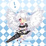  1girl animal_ears blush bow bowtie breasts bunny_ears checkered checkered_background chibi flower hair_over_one_eye headdress highres large_wings long_hair medium_breasts milkpanda open_mouth phantasy_star phantasy_star_online_2 red_eyes ribbon rose spoken_exclamation_mark sword weapon white_hair wings 