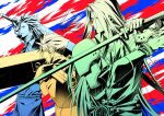  3boys armor belt buster_sword chest_strap closed_mouth cloud_strife cross_scar earrings final_fantasy final_fantasy_vii final_fantasy_vii_rebirth final_fantasy_vii_remake gloves hair_slicked_back hand_on_own_hip holding holding_sword holding_weapon jewelry light_smile long_hair male_focus masamune_(ff7) multiple_boys parted_bangs parted_lips pauldrons scar scar_on_cheek scar_on_face sephiroth short_hair shoulder_armor sideburns single_earring sleeveless sleeveless_turtleneck spiked_hair suspenders sword turtleneck twitter_username upper_body weapon yunyunonigiri zack_fair 