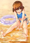  barefoot bikini blue_bikini brown_eyes brown_hair camisole feet hair_rings highres ikazuchi_(kantai_collection) innertube kantai_collection looking_away navel o-ring partially_submerged shallow_water short_hair side-tie_bikini sitting sketch soles solo swimsuit tadano_magu tankini v_arms water 